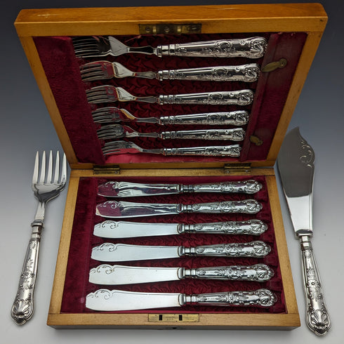 1936 British vintage sterling silver handle cutlery 6x2 & server set in wooden box